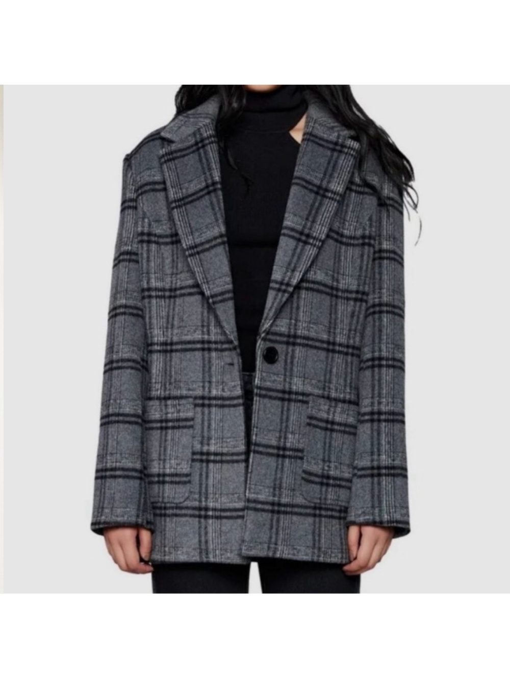 Bardot Wool Blend Plaid Blazer Grey Size Small Oversized Single Button Closure